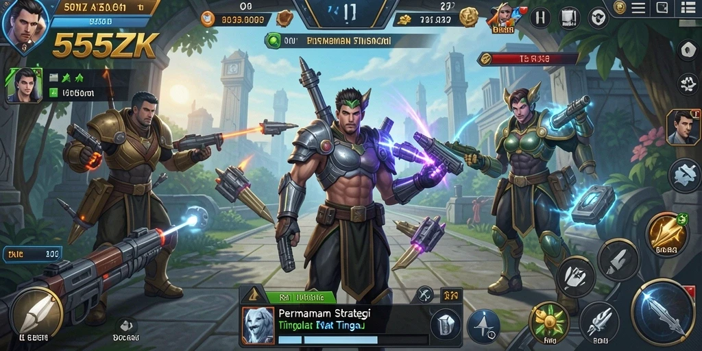 Screenshot permainan SLG 555ZK menampilkan pertempuran strategis yang intens.